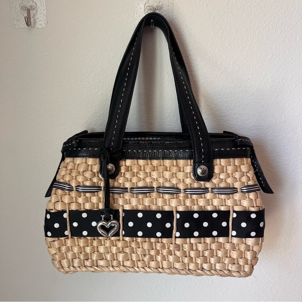 Brighton Black Leather and Tan Woven Wicker Polka Dot Purse Handbag